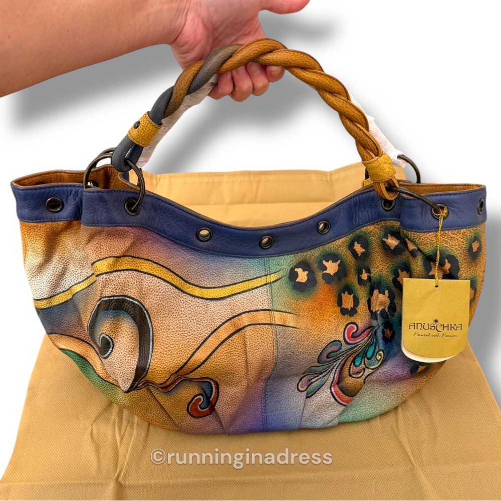 NWT Anuschka Hand Painted Leather Large Hobo Bag Peacock Feather Butterfly